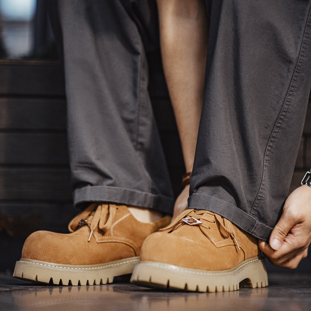 棕色德比大黃靴子低幫厚底美式增高通勤工裝大圓頭皮鞋男款