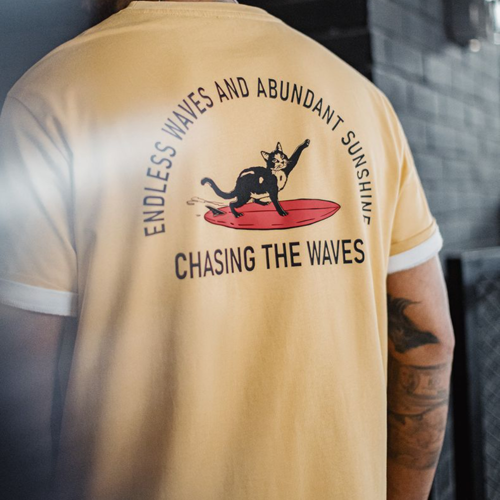 美式復古後背發泡印花T恤重磅薑黃色小眾創意短袖男款夏