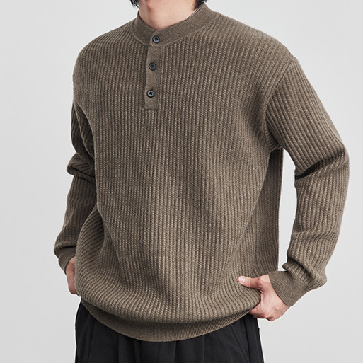 7針亨利領豎紋針織衫男2026春寬鬆立體純色百搭長袖套頭衫