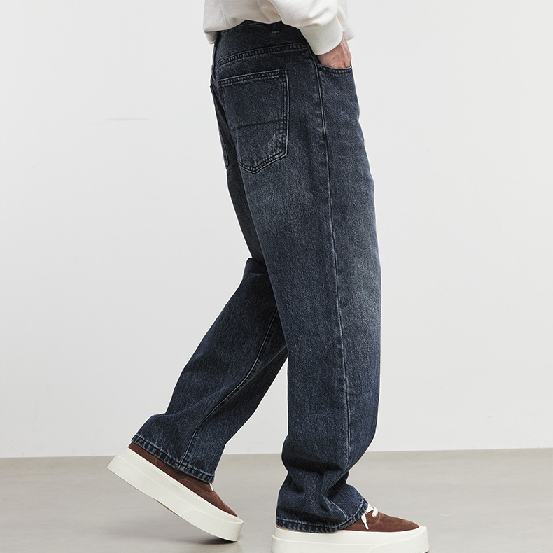 復古做舊寬鬆街廓直筒牛仔褲男秋冬休閒闊腿休閒牛仔長褲