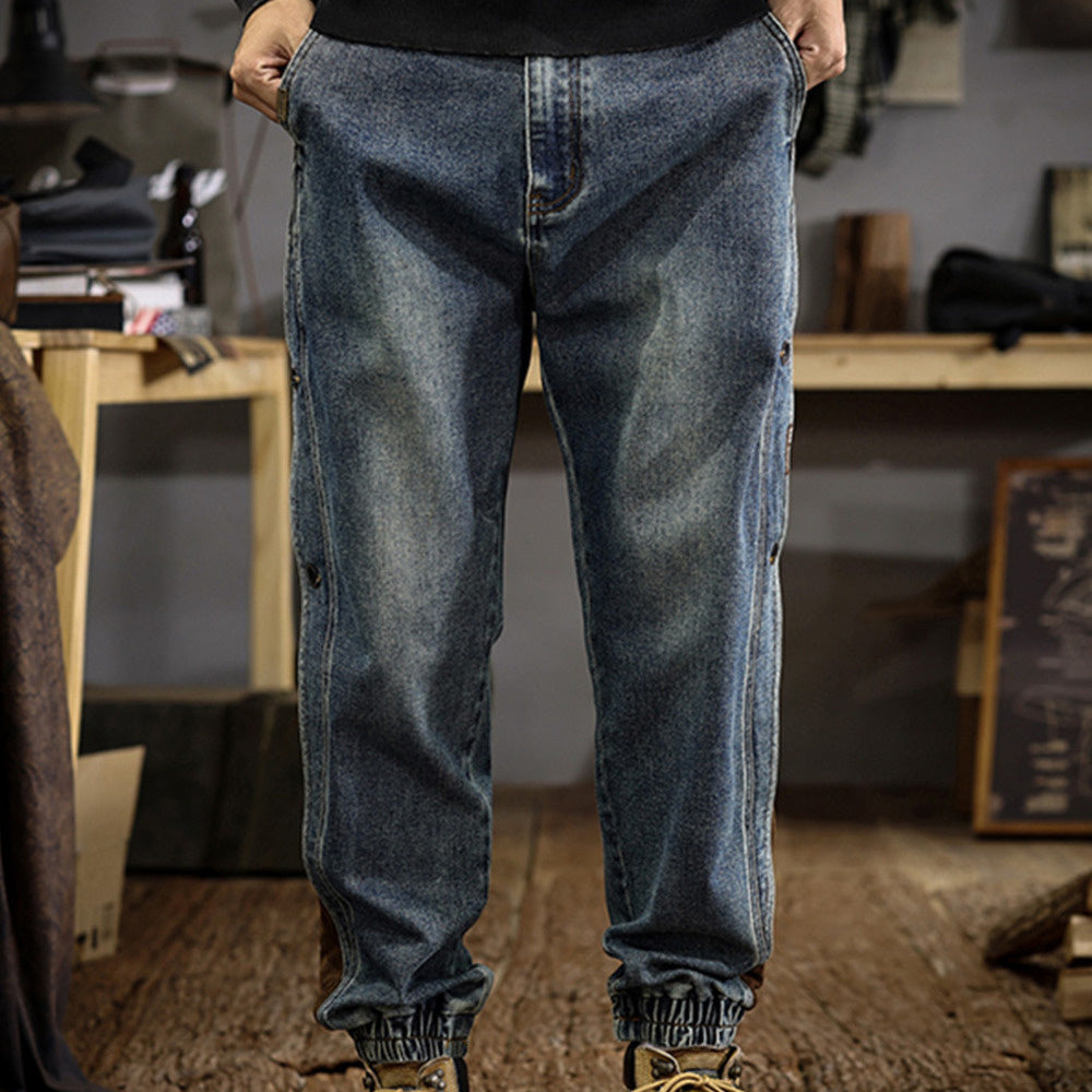 高級感排扣設計牛仔褲男寬松束腳潮流百搭美式復古撞色哈倫休閑褲