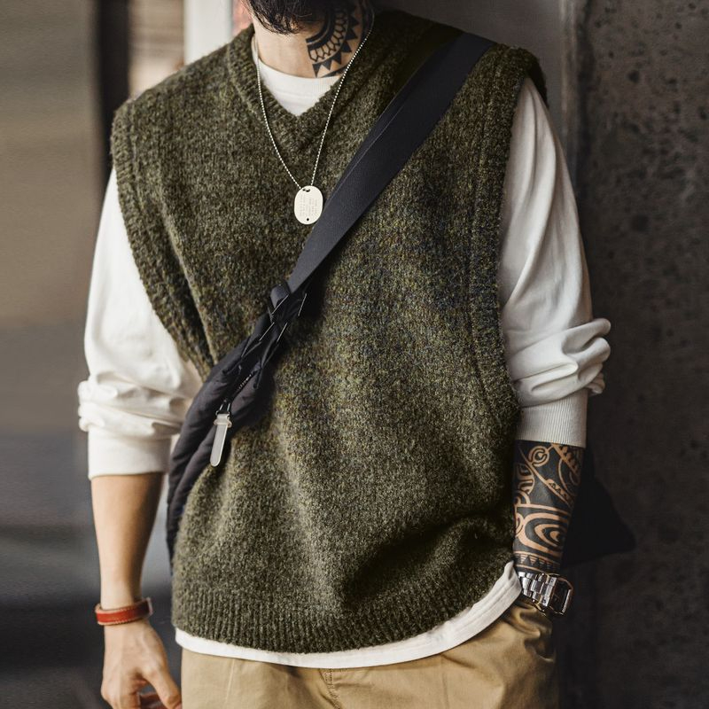 美式復古針織V領馬甲絨背心疊穿套頭保暖無袖坎肩男秋冬