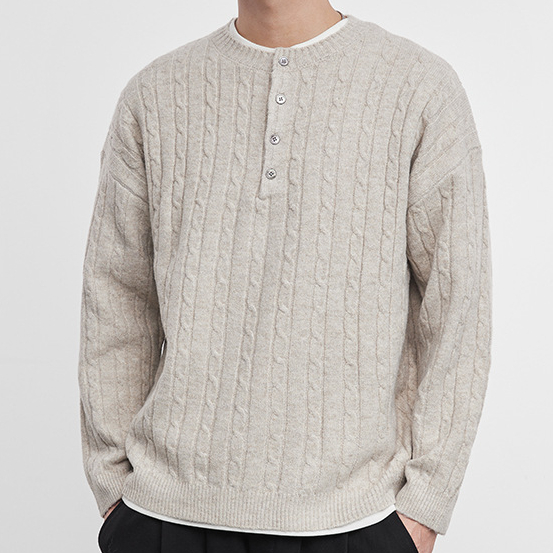 織閒男裝亨利領麻花針織毛衣秋冬復古寬鬆保暖套頭毛衫