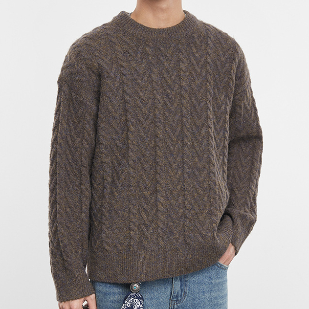 暖織秋冬季寬鬆絞花圓領套頭毛衣男士上衣潮流休閒針織衫