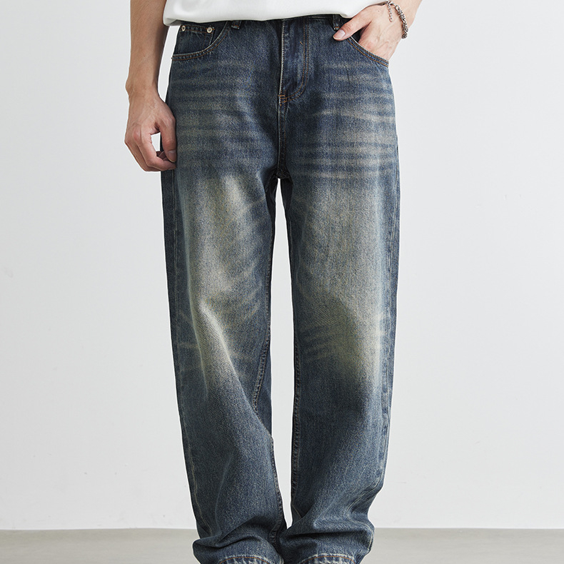 美式復古牛仔褲男夏季水洗做舊重磅直筒褲子寬鬆闊腿休閒長褲