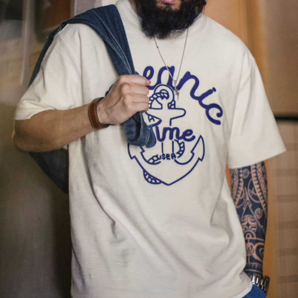 美式復古海軍刺繡T恤白色重磅竹節棉螺紋領口短袖男夏季