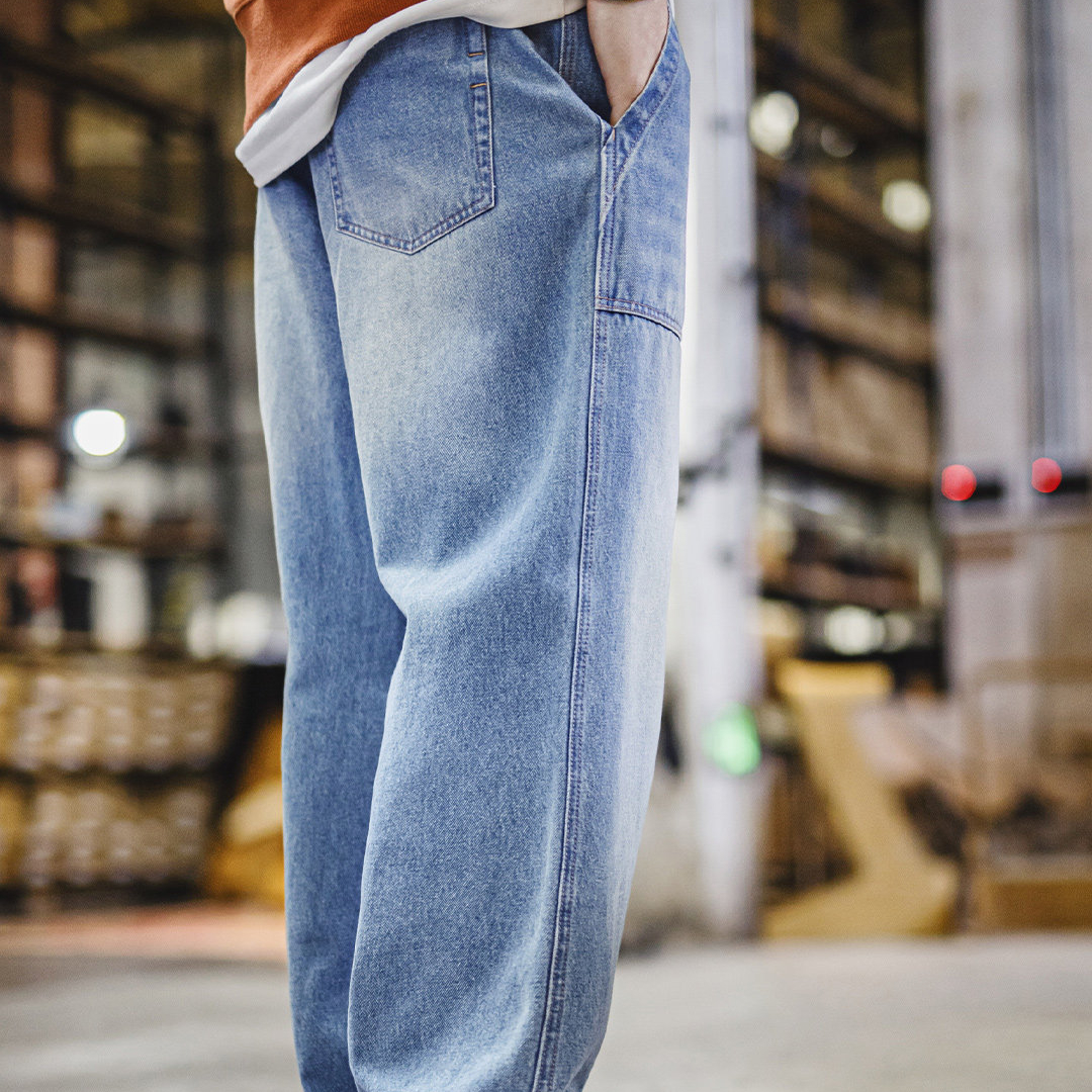 美式貝克水洗牛仔褲丹寧闊腿抽繩直筒休閒長褲子薄款男春