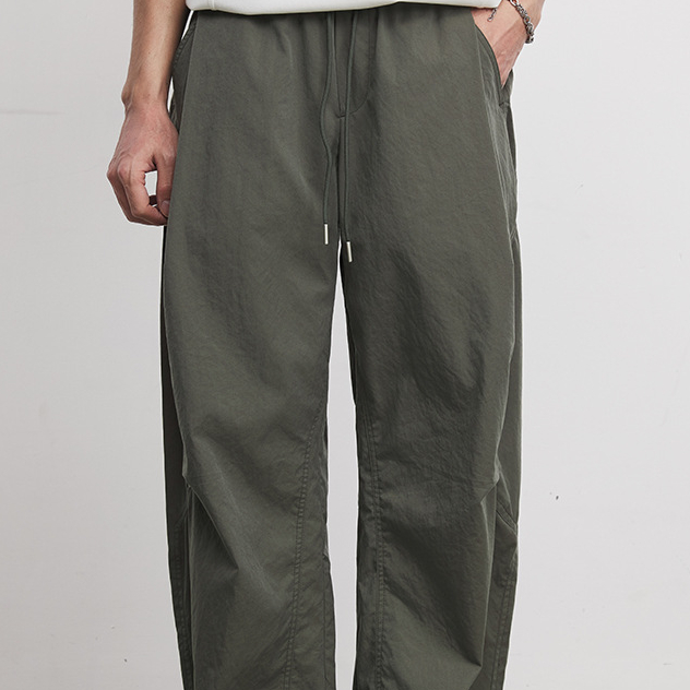 200g顯瘦抽繩闊腿褲男春季新款日系復古竹節紋戶外彎刀休閒褲