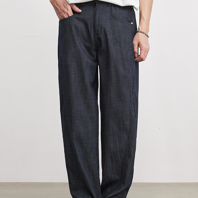 寶藍色簡約商務休閒褲梭織小彎刀寬鬆長褲男士春季百搭通勤褲