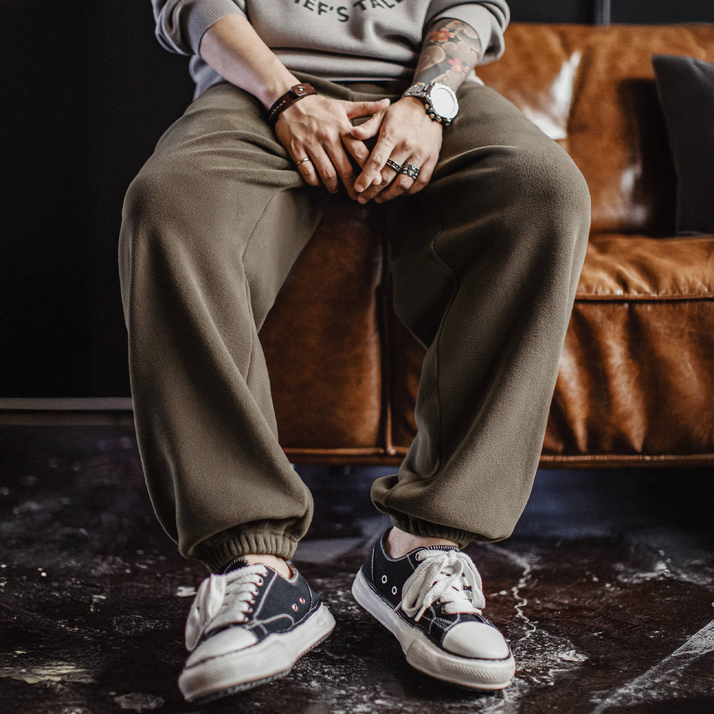 美式復古搖粒絨衛褲加絨保暖棕色美拉德束腳休閒褲男秋冬