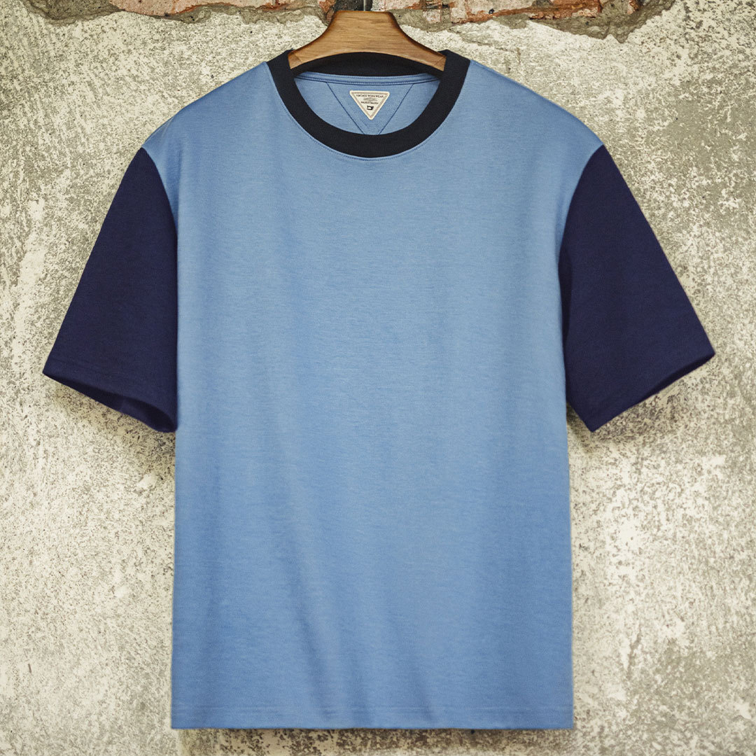 美式復古拼色T恤螺紋領口落肩袖寬鬆空氣層撞色短袖男夏