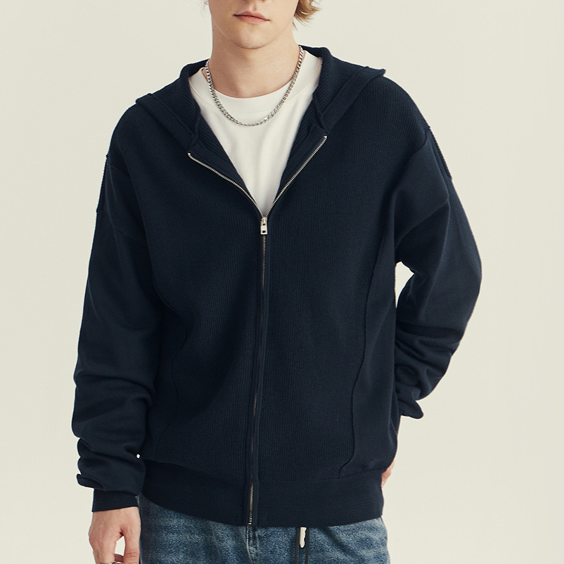 秋冬季男士連帽針織開衫外套高級感潮牌寬鬆休閒拉鍊毛衣