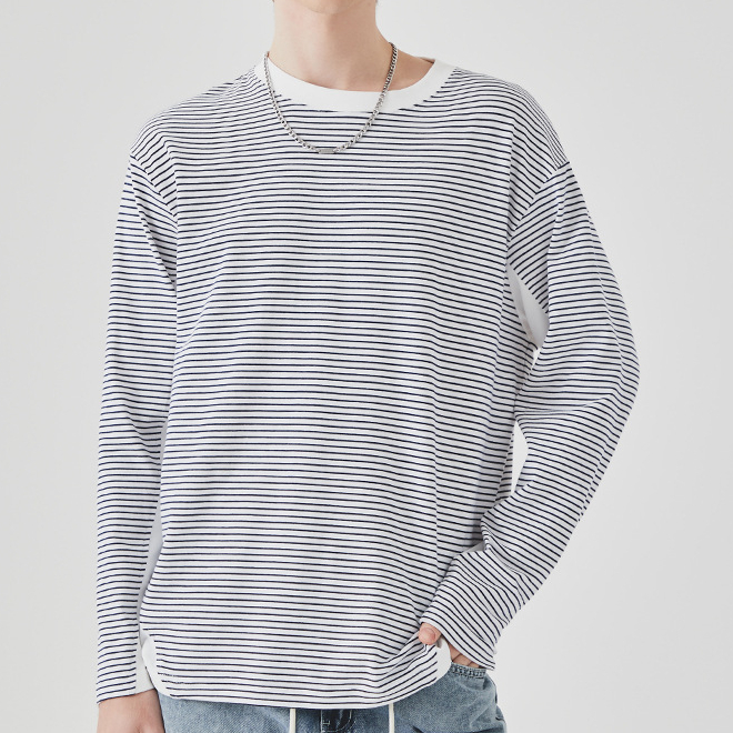 撞色條紋長袖T恤男士春秋季潮牌寬鬆圓領內搭上衣打底衫