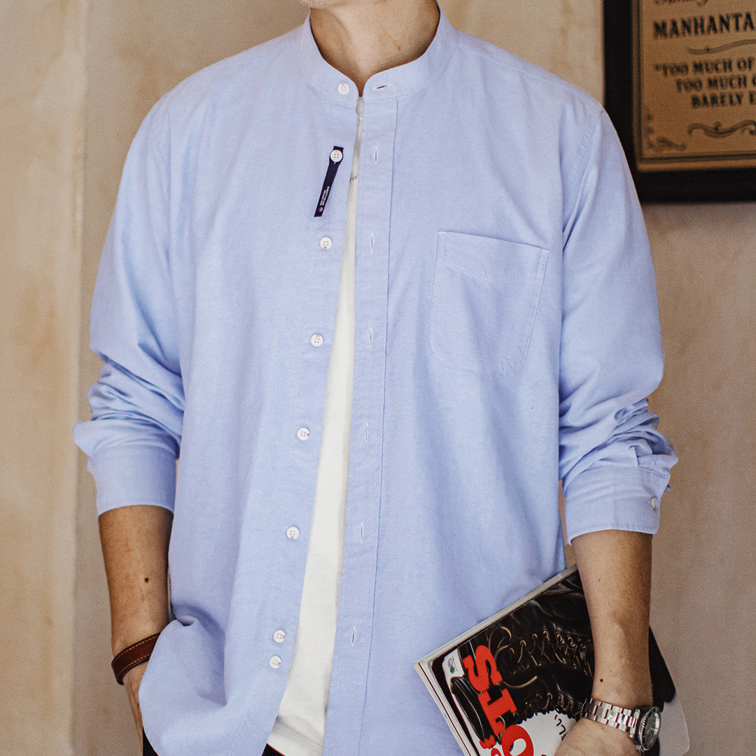 美式牛津布長袖襯衫小高領立領牛津紡純棉襯衣外套男款春