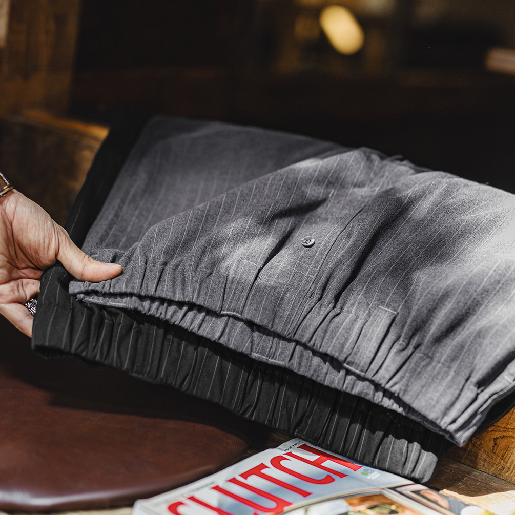 日系豎條紋灰色西裝短褲cityboy鬆緊腰直筒五分褲男夏季