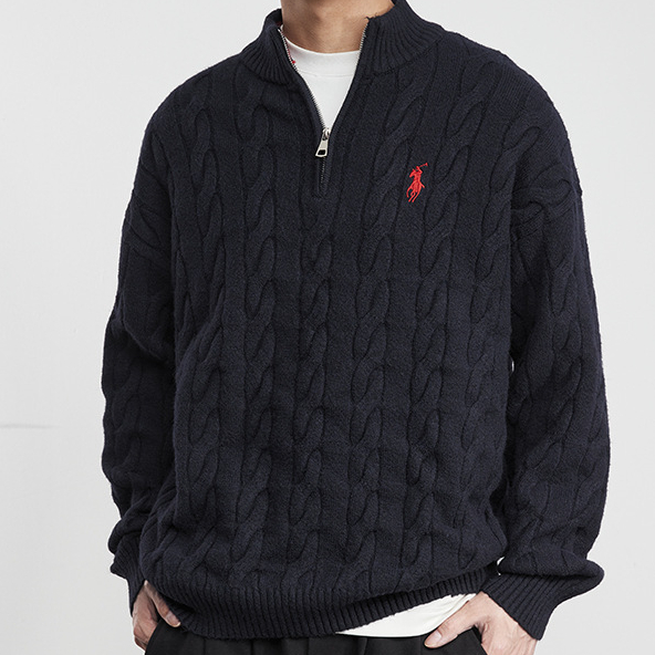 潮藏秋冬季老錢刺繡麻花肌理感2025男士針織半開高領毛衣