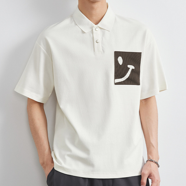 設計感拼色笑臉拼接短袖Polo衫男夏季寬鬆半袖翻領T恤上衣潮