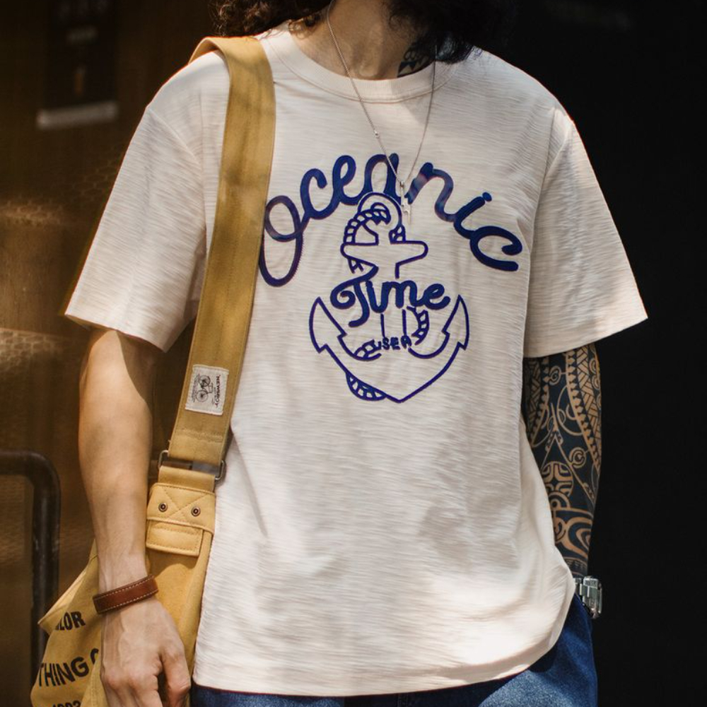 美式復古海軍刺繡T恤白色重磅竹節棉螺紋領口短袖男夏季