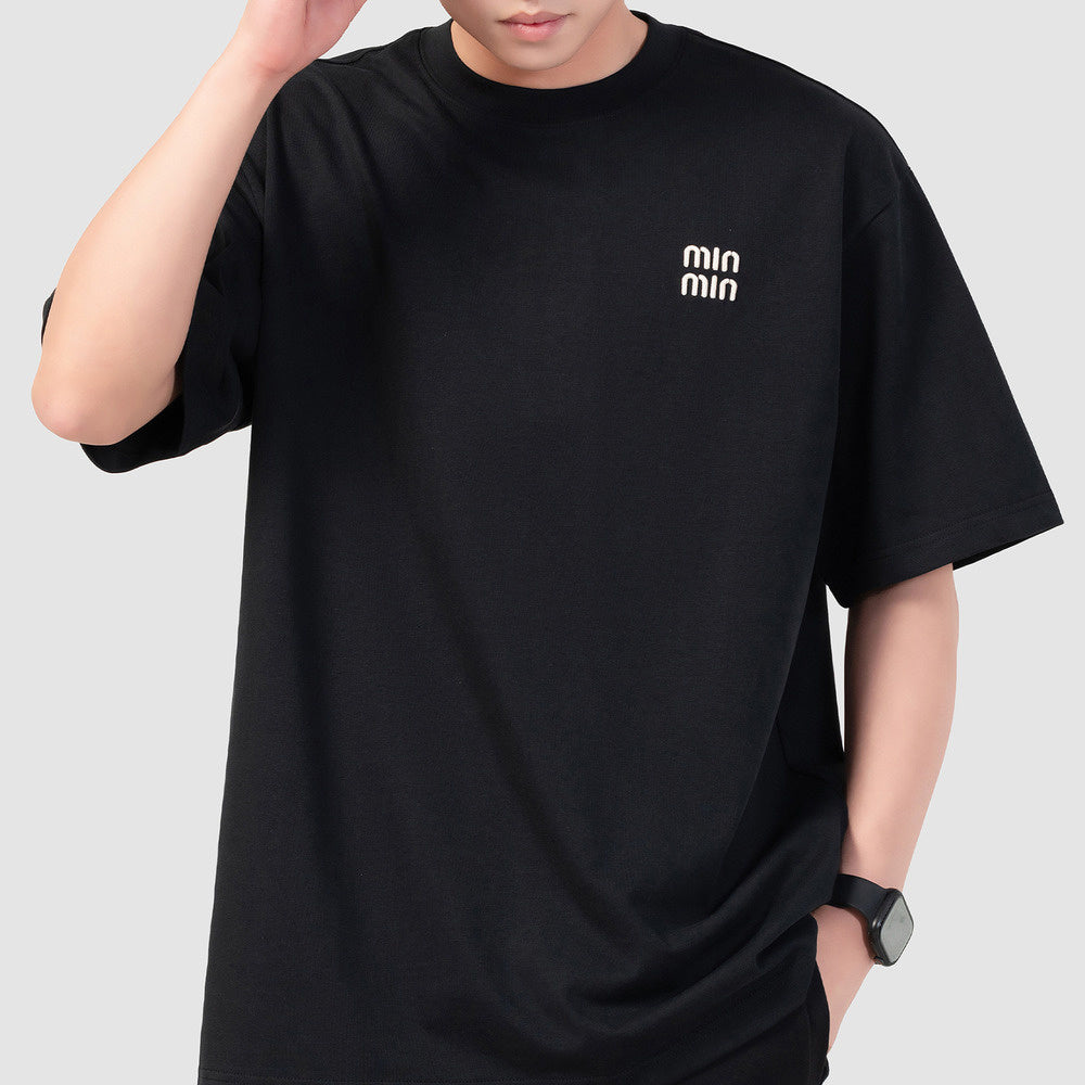 300G美式純棉刺繡圓領短袖T恤男夏季寬松情侶廓形體恤