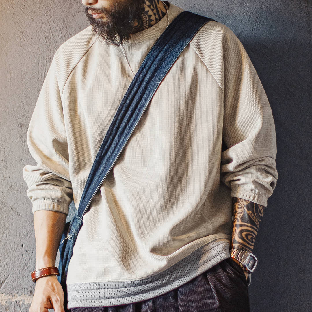 美式休閒華夫格重磅長袖衛衣插肩袖垂感寬鬆日系外套男秋