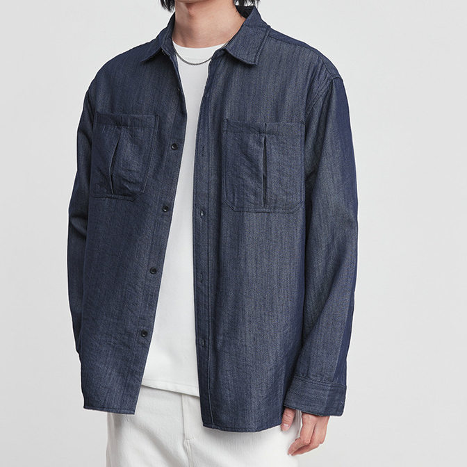 仿牛仔布長袖襯衫壓皺拼接雙貼袋襯衣男士新款春季休閒薄外套