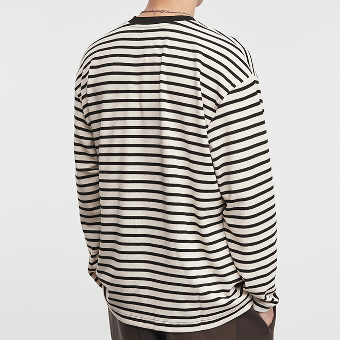 美式小V領210g條紋長袖簡敘T恤男秋冬季新款打底衫上衣潮