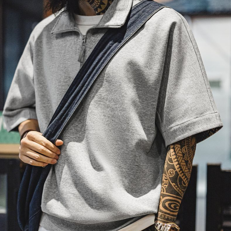 美式復古boro風半開襟polo古布印花寬鬆休閒翻領T恤男夏