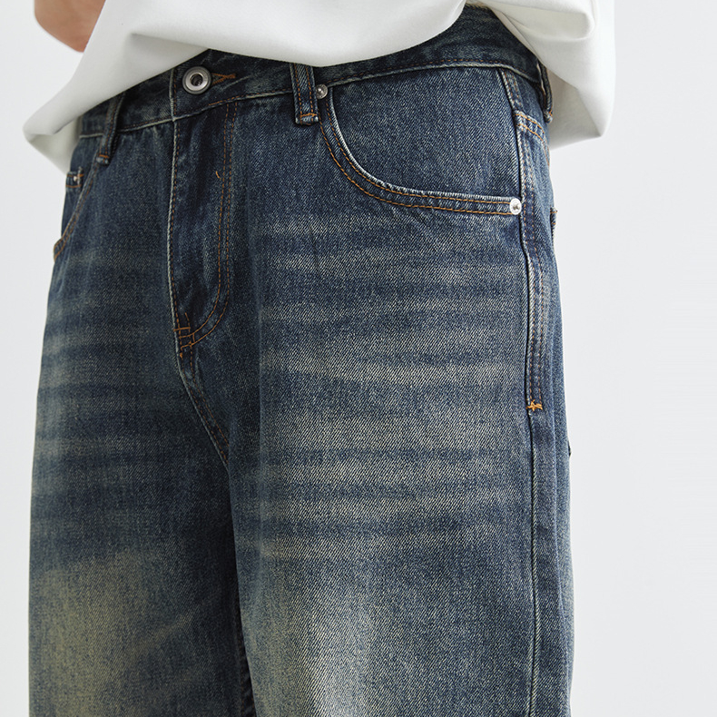 美式復古牛仔褲男夏季水洗做舊重磅直筒褲子寬鬆闊腿休閒長褲