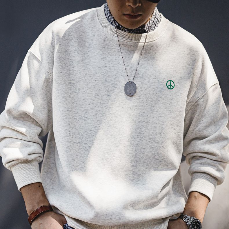 美式休閒灰色圓領加絨衛衣基礎寬鬆落肩打底上衣男秋冬季