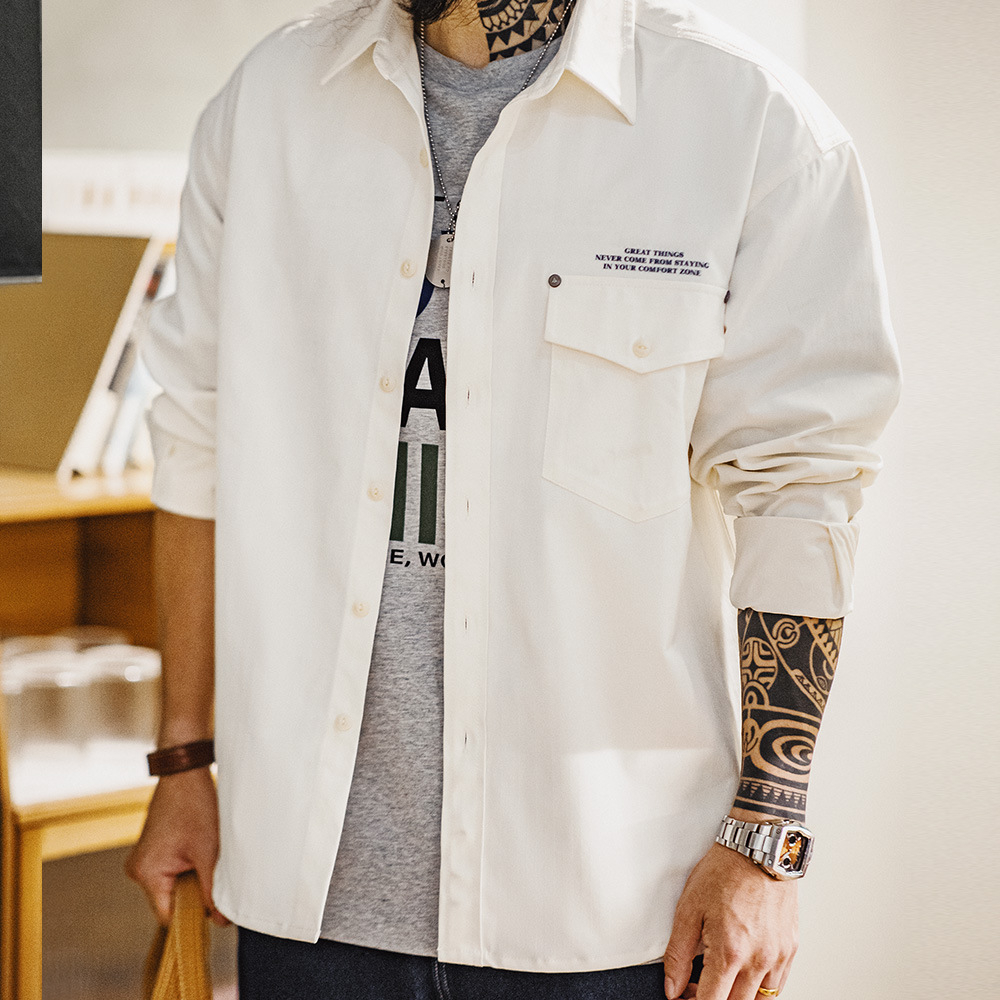 美式休閒人字紋廓形長袖襯衫印花疊穿翻領白色襯衣男秋冬