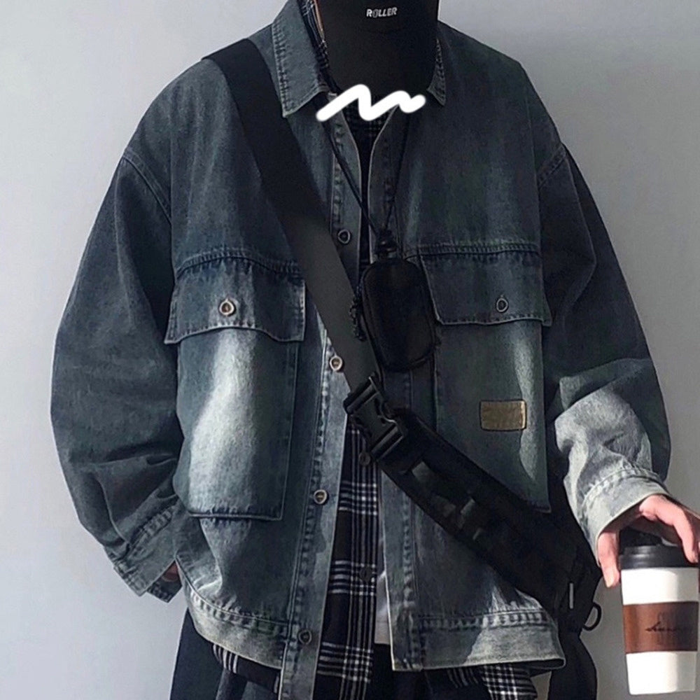 cityboy水洗做舊工裝牛仔夾克外套男春秋款潮牌寬松