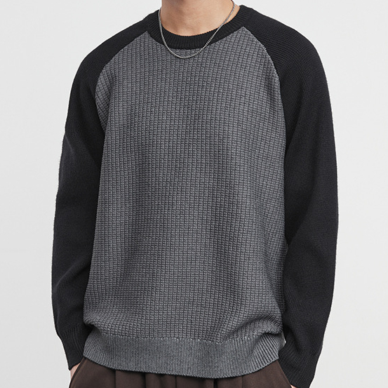 簡潮重磅拼色圓領毛衣男冬季肌理感美式拼接打底針織衫