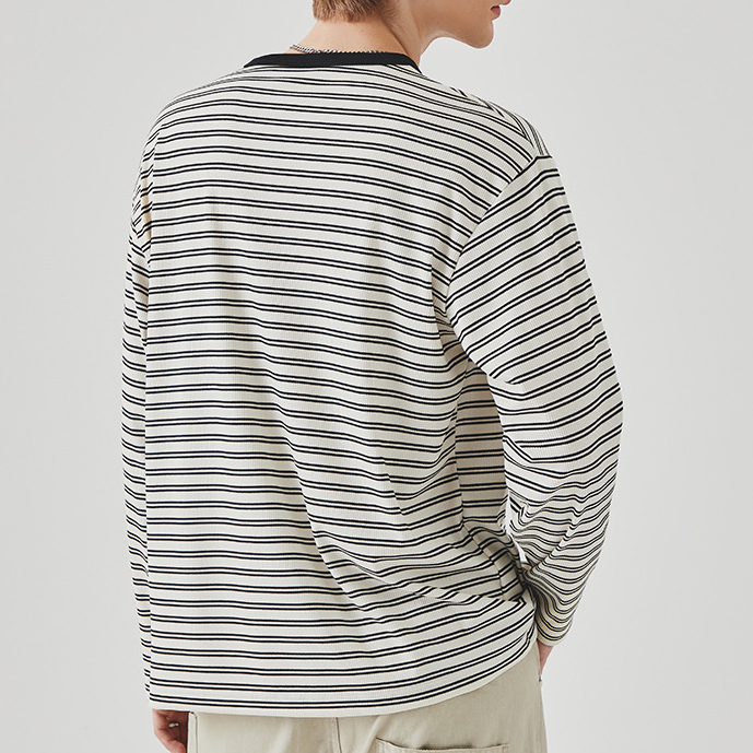 撞色條紋長袖男T恤春季新款潮牌寬鬆圓領內搭上衣打底衫