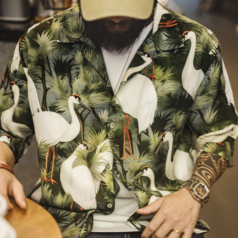 復古港風仙鶴花襯衫古巴領浮世繪天絲夏威夷短袖襯衣男夏
