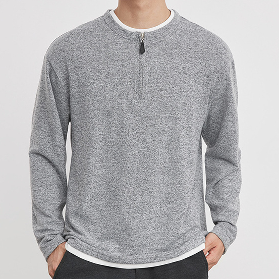 重磅260g半拉鍊假兩件圓領T恤男春季麻灰肌理親膚休閒長袖