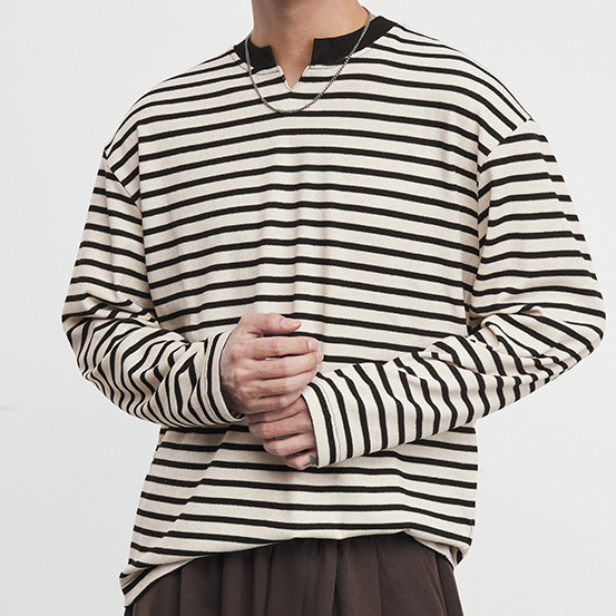 美式小V領210g條紋長袖簡敘T恤男秋冬季新款打底衫上衣潮