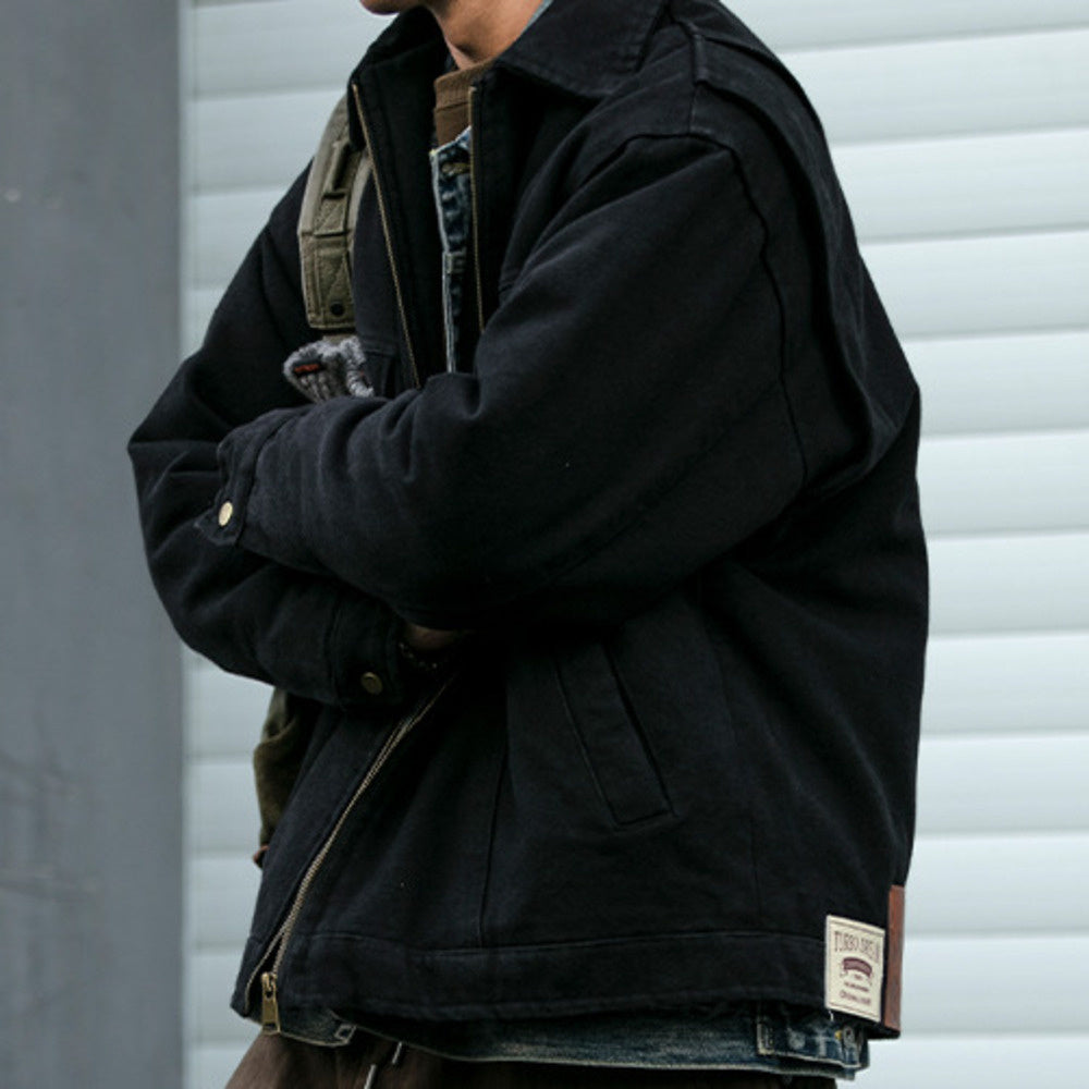 美式重工水洗底特律工装翻领棉衣男潮牌皮质贴标加厚棉服