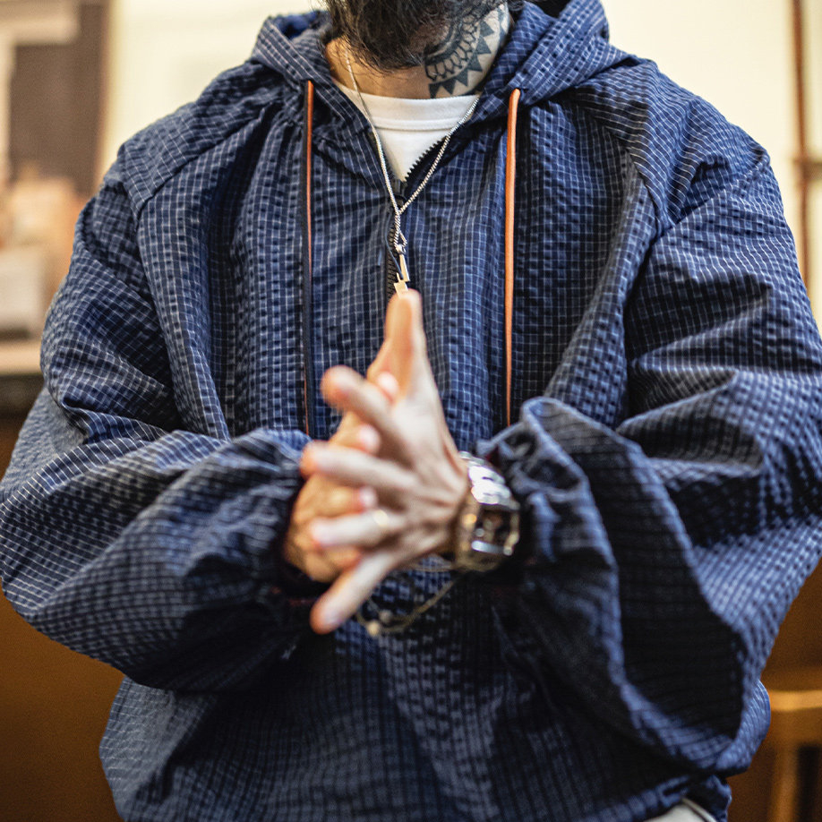 美式半拉鍊連帽衛衣肌理感泡泡紗藍色戶外薄款外套男春季