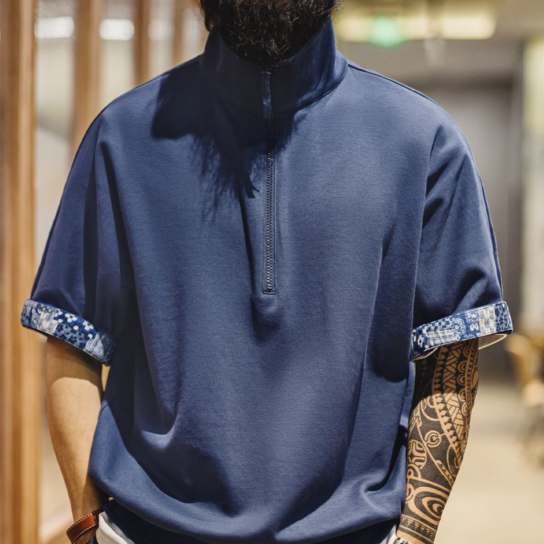 美式復古boro風半開襟polo古布印花寬鬆休閒翻領T恤男夏