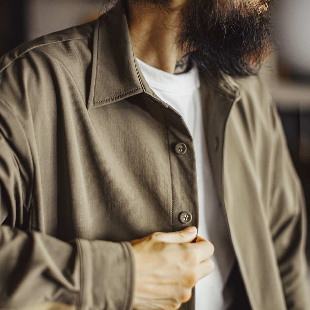 美式復古獵裝襯衫外套肘部拼接翻領正肩長袖薄款襯衣男春