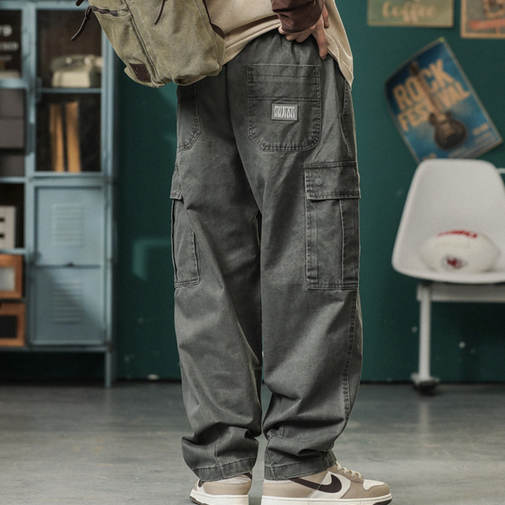 美式復古潮牌機能工裝褲男秋季寬松闊腿休閑褲子戶外露營長褲