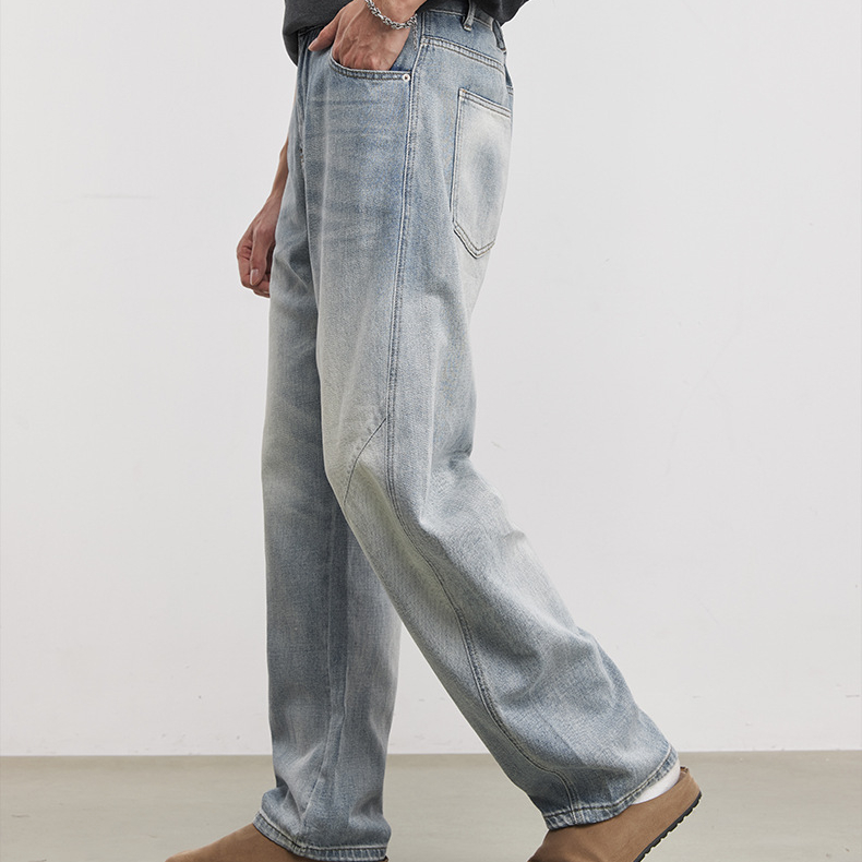 極簡線條彎刀牛仔褲男夏季寬鬆直筒做舊水洗漸變美式復古長褲
