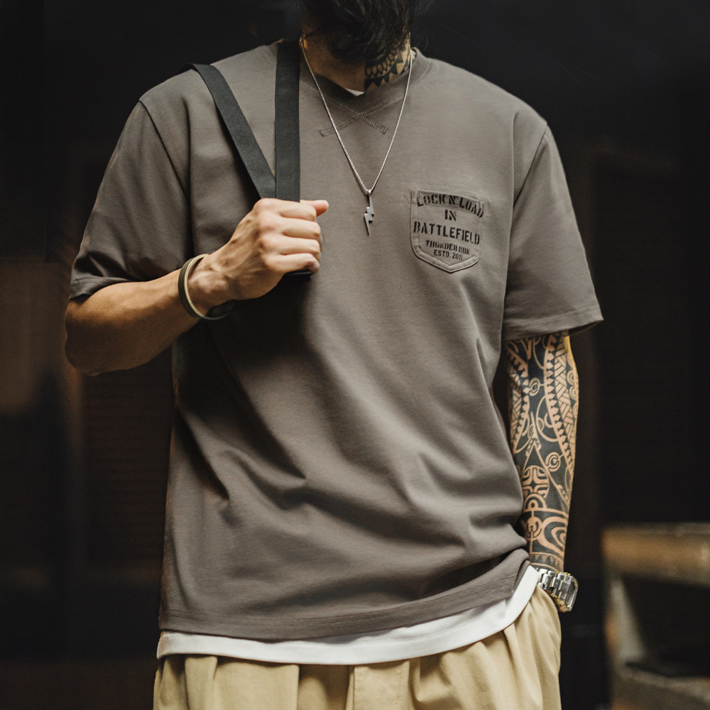 美式復古軍事風口袋T恤螺紋領口體能訓練硬漢短袖男夏季