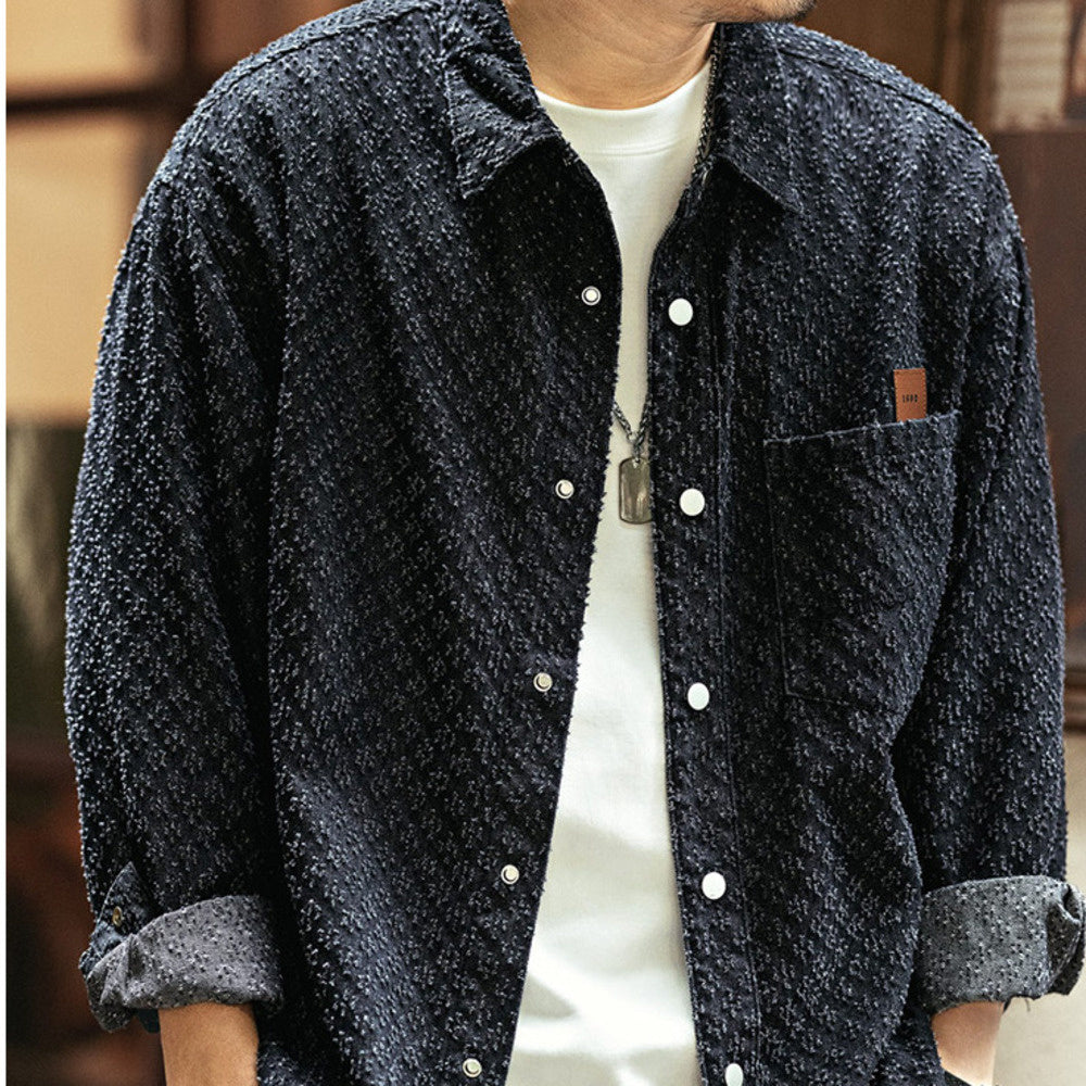 美式復古格子襯衫男春季潮牌寬松休閑勾花做舊流蘇襯衣男外套