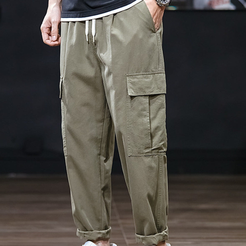 秋季工裝褲男士休閑褲寬松垂感錐形褲闊腿松緊腰長褲男裝純色褲子