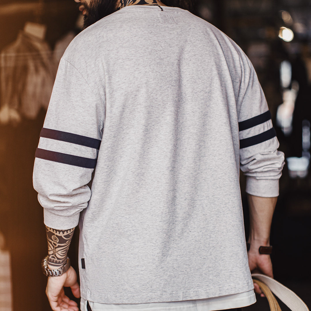 美式條紋刺繡圓領衛衣灰色薄款正肩無帽通勤長袖T恤男春