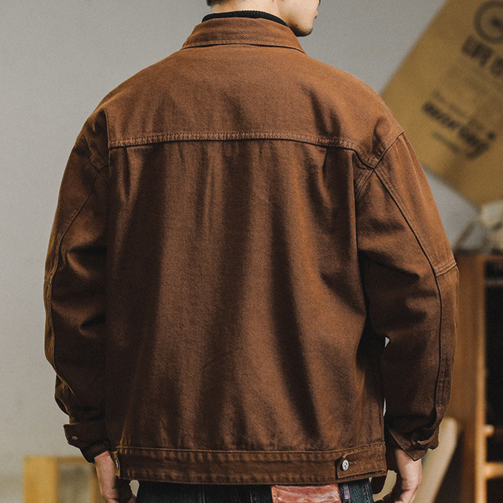 美式復古多口袋工裝夾克男翻領春秋款潮牌牛仔外套男寬松純棉