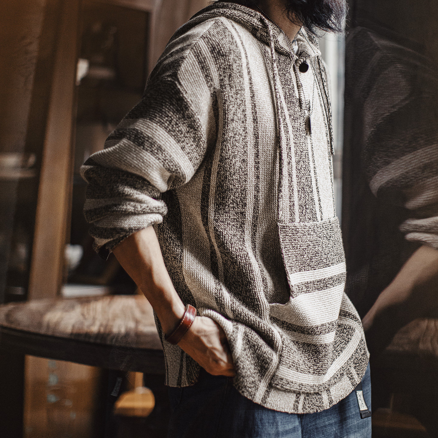 美式復古巴哈半開襟連帽衛衣套頭針織衫薄款垂感外套男春