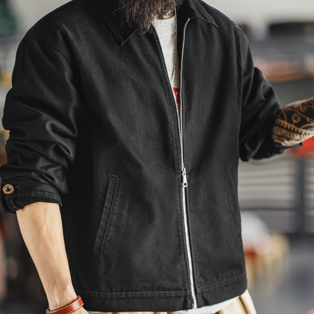 美式教練夾克翻領痞帥硬挺重磅短款黑色廓形純棉外套男秋