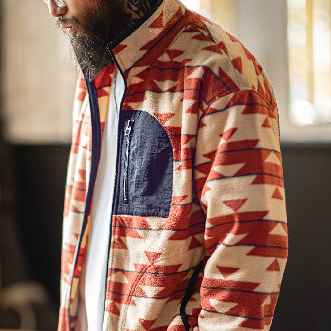 美式納瓦霍搖粒絨衛衣抓絨軟糯拉鍊開衫雙面立領外套男春